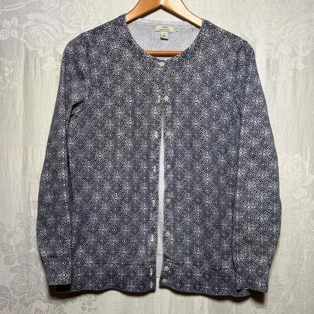 LL Bean Cardigan Large White Navy Blue Geometric Supima Cotton